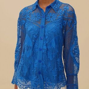 Farm Rio Blue Guipure Collared Shirt XS NEW